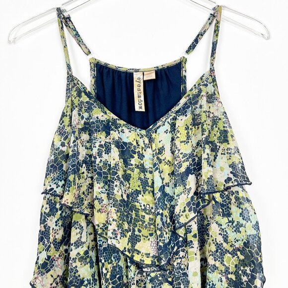Eyeshadow Ruffled Tiered Floral Print Camisole Tank Top. Blue/Green. Size M - Picture 2 of 11